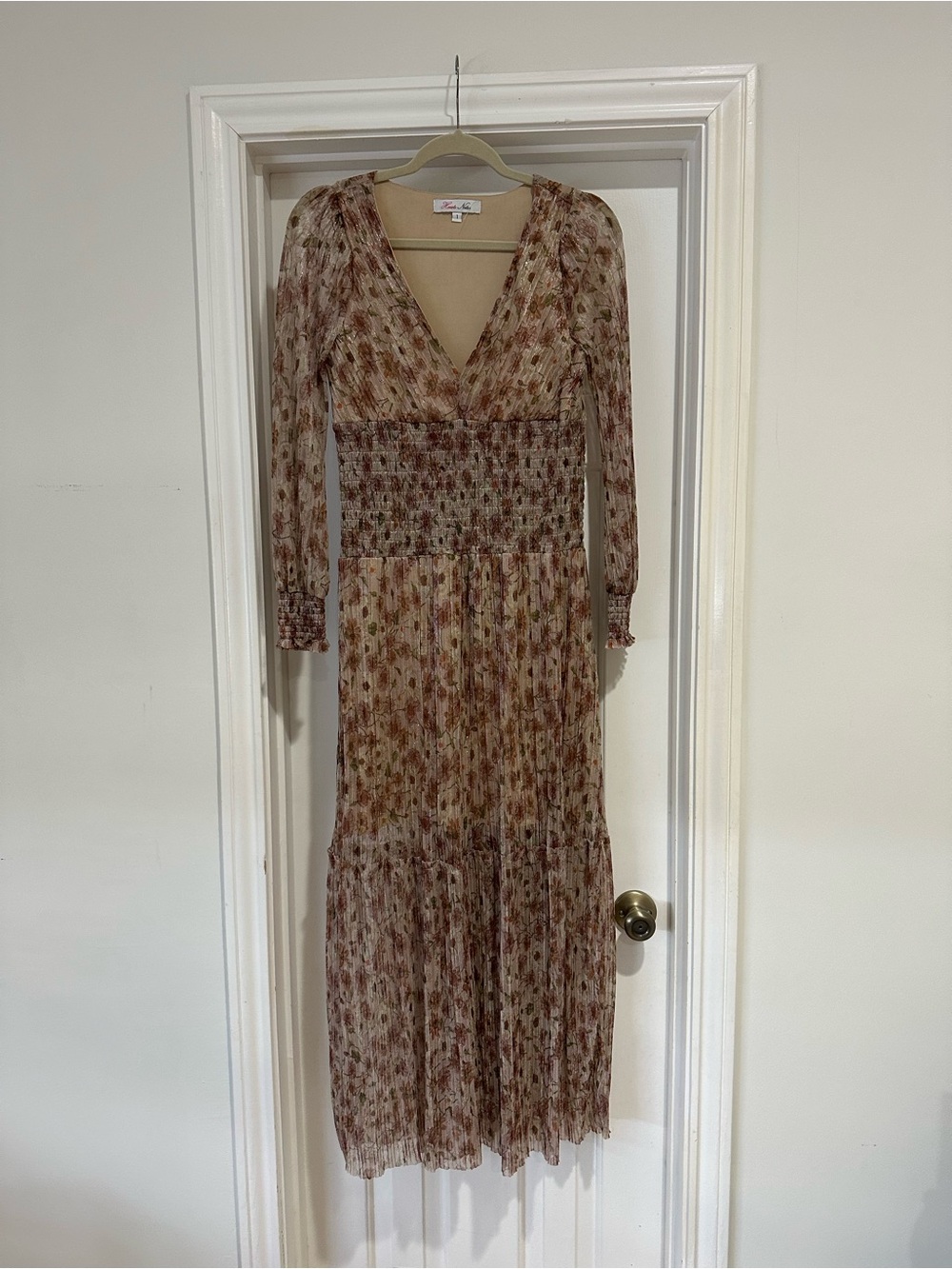 Long Floral/metallic/sparkly V-Neck Maxi Dress, long sleeve
